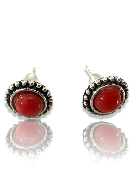 Vintage Jewelry - (3 for $25) Vintage Red Cabochon Silver-Trim Stud Earrings